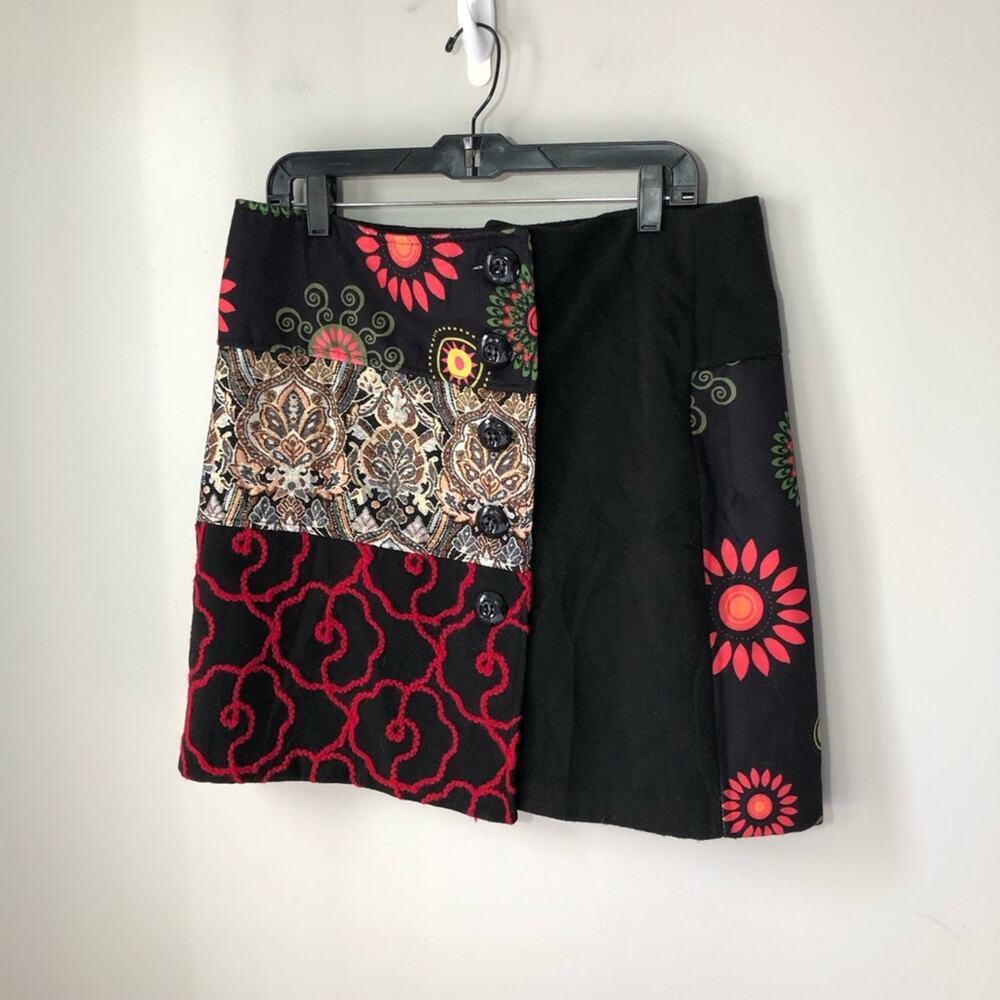 Made in Italy wool blend patchwork mini skirt full button black floral XXL